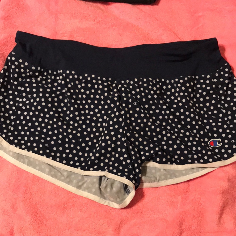 Champion navy blue and white polka dot running shorts, size Large